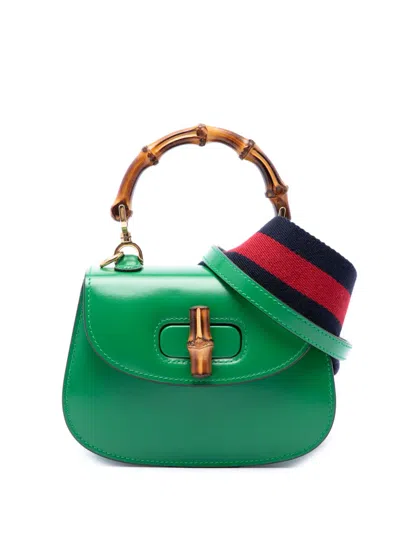 Pre-owned Gucci 2016-2026 Mini Calfskin 1947 Bamboo Top Handle Bag Satchel In Green