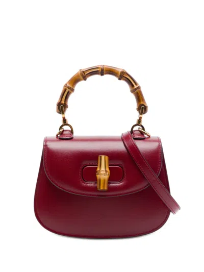 Pre-owned Gucci 2016-2026 Mini Calfskin 1947 Bamboo Top Handle Bag Satchel In Red