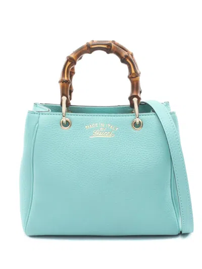 Pre-owned Gucci 2016-2026 Mini Calfskin Bamboo Shopper Satchel In Blue