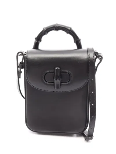 Pre-owned Gucci 2016-2026 Mini Calfskin Bamboo Top Handle Bag Satchel In Black
