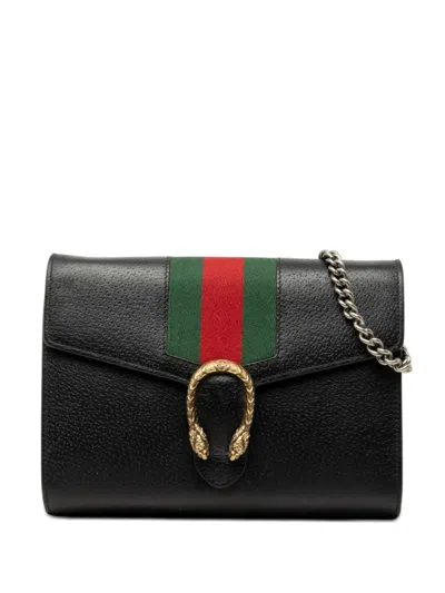 Pre-owned Gucci 2016-2026 Mini Calfskin Dionysus Web Wallet On Chain Crossbody Bag In Black