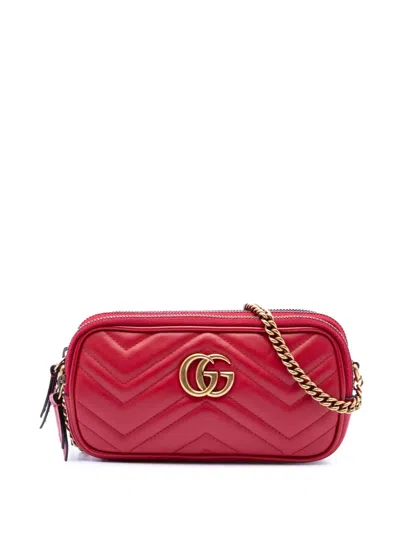 Pre-owned Gucci 2016-2026 Mini Calfskin Gg Marmont Triple Zip Crossbody Bag In Red