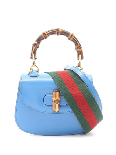 Pre-owned Gucci 2016-2026 Mini Calfskin Web 1947 Bamboo Top Handle Bag Satchel In Blue