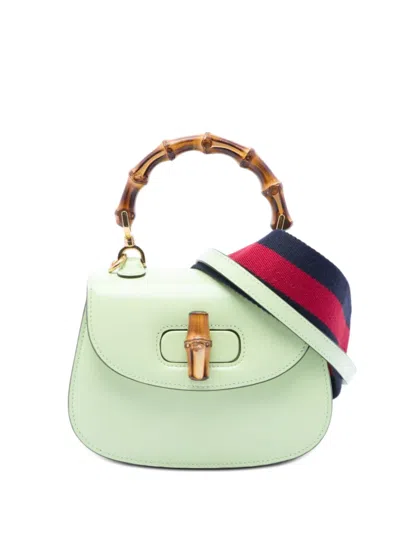 Pre-owned Gucci 2016-2026 Mini Calfskin Web 1947 Bamboo Top Handle Bag Satchel In Green