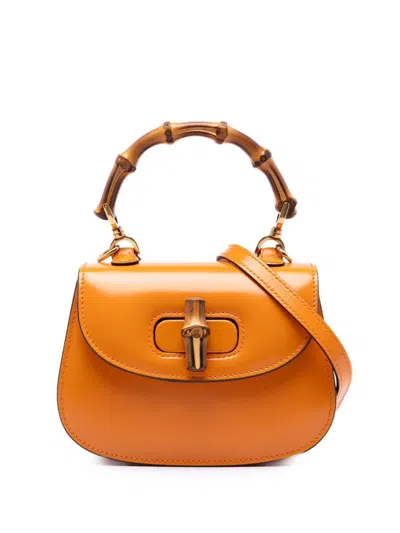 Pre-owned Gucci 2016-2026 Mini Calfskin Web 1947 Bamboo Top Handle Bag Satchel In Orange
