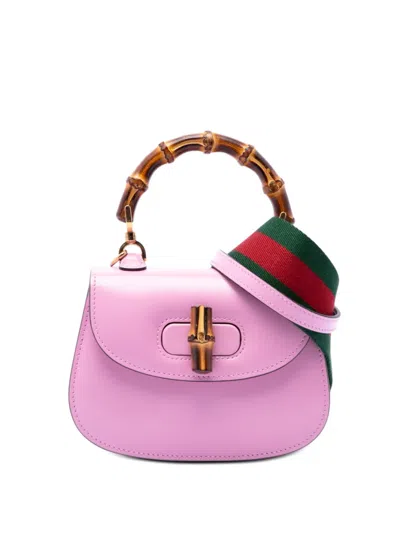 Pre-owned Gucci 2016-2026 Mini Calfskin Web 1947 Bamboo Top Handle Bag Satchel In Pink