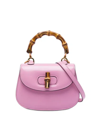 Pre-owned Gucci 2016-2026 Mini Calfskin Web 1947 Bamboo Top Handle Bag Satchel In Pink