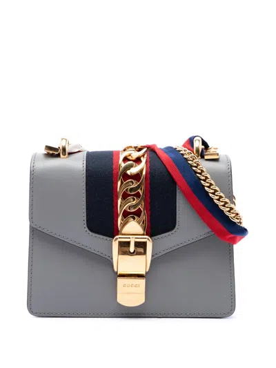Pre-owned Gucci 2016-2026 Mini Calfskin Web Sylvie Chain Satchel In Grey