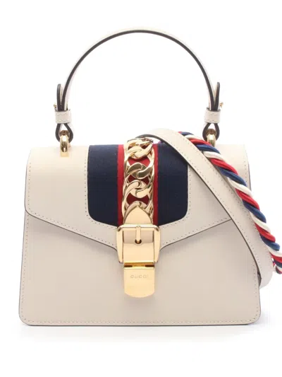 Pre-owned Gucci 2016-2026 Mini Calfskin Web Sylvie Top Handle Bag Satchel In White