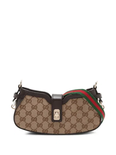 Pre-owned Gucci 2016-2026 Mini Gg Canvas Web Moon Side Shoulder Bag In Neutral