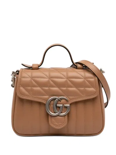 Pre-owned Gucci 2016-2026 Mini Gg Marmont Matelasse Calfskin Aria Top Handle Bag Satchel In Brown