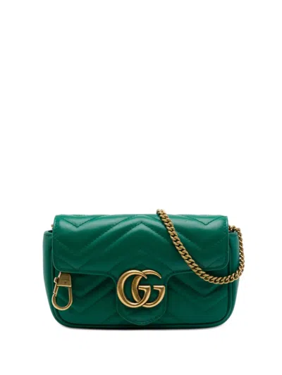 Pre-owned Gucci 2016-2026 Mini Gg Marmont Matelasse Calfskin Flap Crossbody Bag In Green