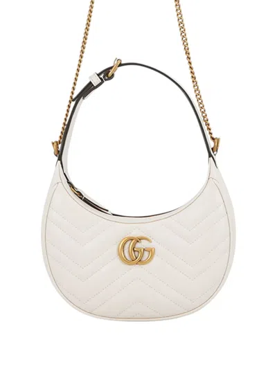 Pre-owned Gucci 2016-2026 Mini Gg Marmont Matelasse Calfskin Half Moon Bag Satchel In White