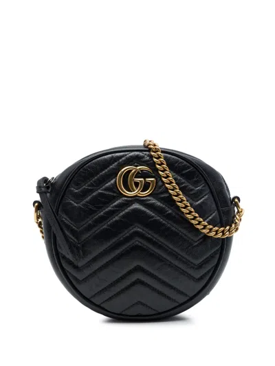 Pre-owned Gucci 2016-2026 Mini Gg Marmont Matelasse Calfskin Round Crossbody Bag In Black