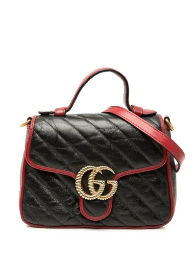 Pre-owned Gucci 2016-2026 Mini Gg Marmont Matelasse Calfskin Torchon Top Handle Bag Satchel In Black