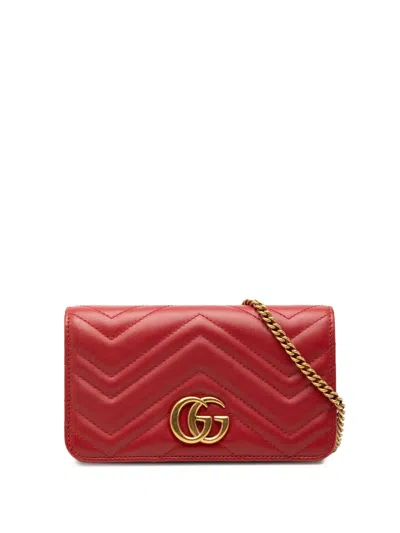 Pre-owned Gucci 2016-2026 Mini Gg Marmont Matelasse Calfskin Wallet On Chain Crossbody Bag In Red