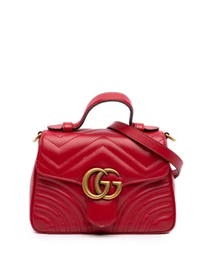 Pre-owned Gucci 2016-2026 Mini Gg Marmont Matelasse Leather Top Handle Bag Satchel In レッド