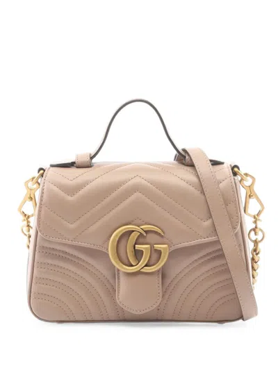 Pre-owned Gucci 2016-2026 Mini Gg Marmont Matelasse Leather Top Handle Bag Satchel In Neutrals