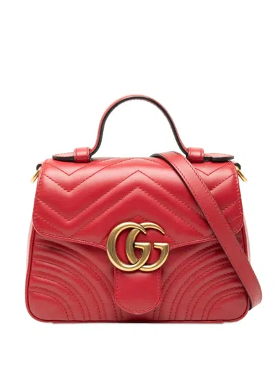 Pre-owned Gucci 2016-2026 Mini Gg Marmont Matelasse Leather Top Handle Bag Satchel In Red