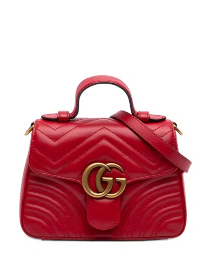 Pre-owned Gucci 2016-2026 Mini Gg Marmont Matelasse Leather Top Handle Bag Satchel In Red