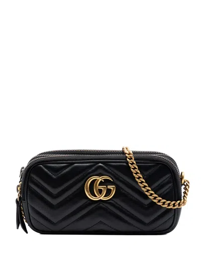 Pre-owned Gucci 2016-2026 Mini Gg Marmont Matelasse Leather Triple Zip Crossbody Bag In Black