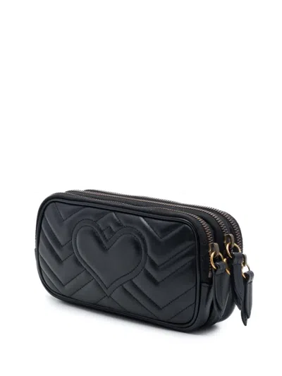 Pre-owned Gucci 2016-2026 Mini Gg Marmont Matelasse Leather Triple Zip Crossbody Bag In Black