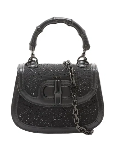 Pre-owned Gucci 2016-2026 Mini Gg Nylon Crystal 1947 Bamboo Top Handle Bag Satchel In Black