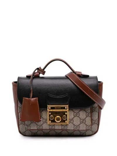Pre-owned Gucci 2016-2026 Mini Gg Supreme And Calfskin Padlock Flap Pocket Satchel In Neutral
