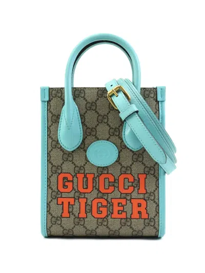 Pre-owned Gucci 2016-2026 Mini Gg Supreme Web Tiger Retro Interlocking G Satchel In Blue