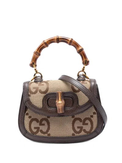Pre-owned Gucci 2016-2026 Mini Jumbo Gg Canvas 1947 Bamboo Top Handle Bag Satchel In Neutral