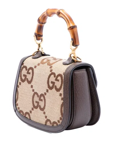 Pre-owned Gucci 2016-2026 Mini Jumbo Gg Canvas 1947 Bamboo Top Handle Bag Satchel In Neutrals