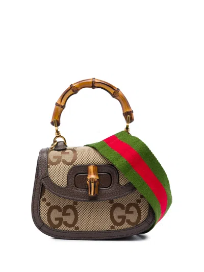 Pre-owned Gucci 2016-2026 Mini Jumbo Gg Canvas 1947 Bamboo Top Handle Bag Satchel In Neutrals