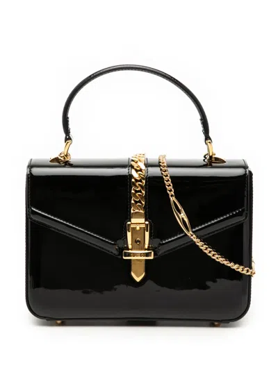 Pre-owned Gucci 2016-2026 Mini Patent Sylvie 1969 Top Handle Bag Satchel In Black