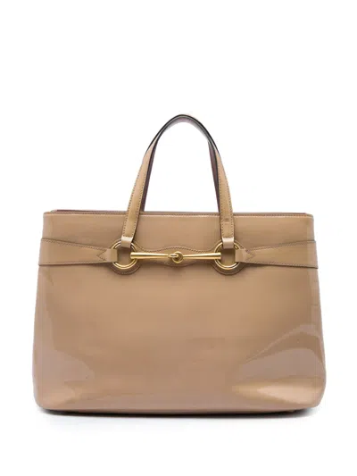 Pre-owned Gucci 2016-2026 Patent Bright Bit Satchel In Neutrals