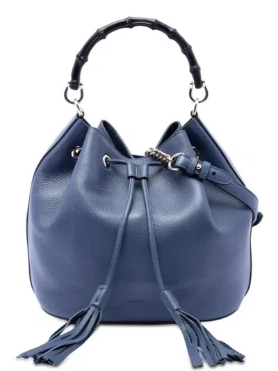 Pre-owned Gucci 2016-2026 Pebbled Calfskin Miss Bamboo Tassel Bucket Bag In Blue