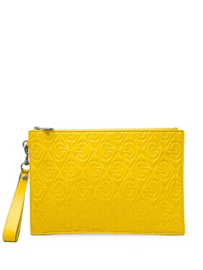 Pre-owned Gucci 2016-2026 Quilted Calfskin G Rhombus Zip Clutch Bag In Yellow