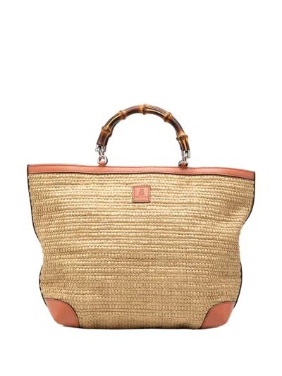 Pre-owned Gucci 2016-2026 Raffia Bamboo Childrens Tote Bag In Neutral