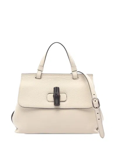 Pre-owned Gucci 2016-2026 Small Calfskin Bamboo Daily Satchel In Neutral