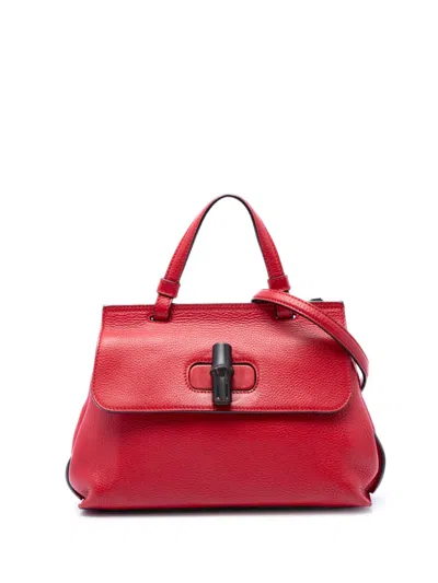 Pre-owned Gucci 2016-2026 Small Calfskin Bamboo Daily Satchel In Red
