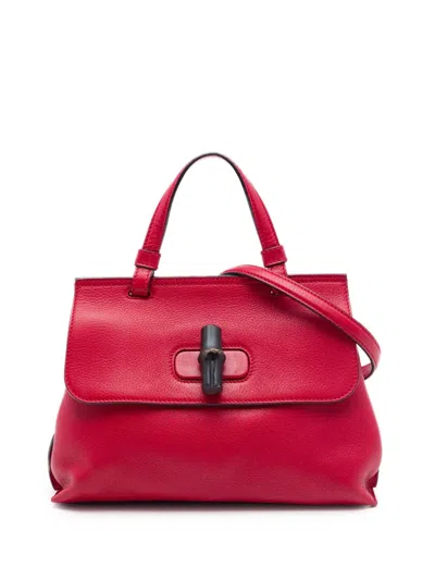 Pre-owned Gucci 2016-2026 Small Calfskin Bamboo Daily Satchel In Red