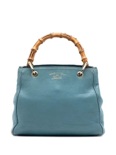 Pre-owned Gucci 2016-2026 Small Calfskin Bamboo Shopper Satchel In Blue