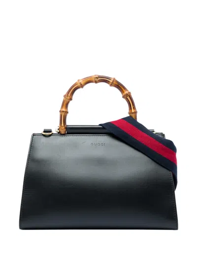 Pre-owned Gucci 2016-2026 Small Calfskin Bamboo Web Nymphaea Satchel In Black