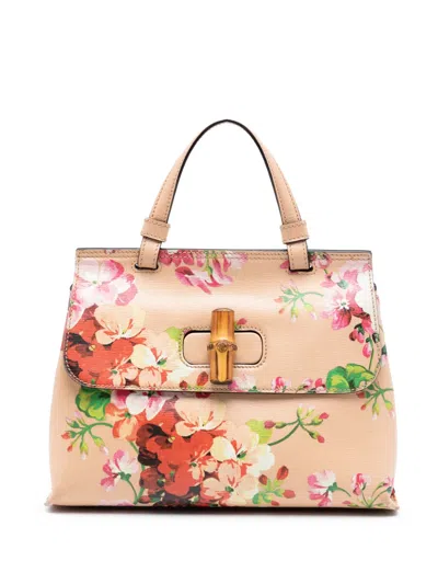 Pre-owned Gucci 2016-2026 Small Calfskin Blooms Bamboo Daily Satchel In Pink