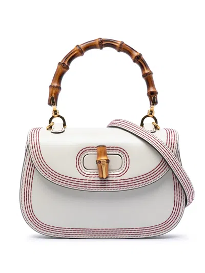 Pre-owned Gucci 2016-2026 Small Calfskin Stitched Bamboo 1947 Top Handle Bag Satchel In White