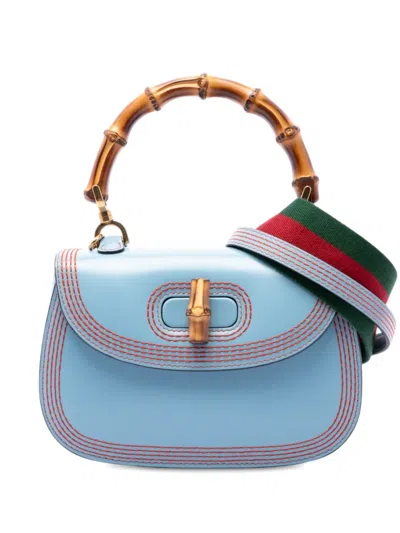 Pre-owned Gucci 2016-2026 Small Calfskin Web Stitched Bamboo 1947 Top Handle Bag Satchel In Blue