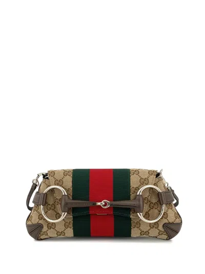 Pre-owned Gucci 2016-2026 Small Gg Canvas Horsebit Web Chain Satchel In Neutrals