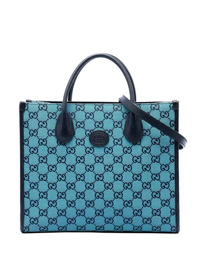 Pre-owned Gucci 2016-2026 Small Gg Canvas Interlocking G Tote Satchel In Blue