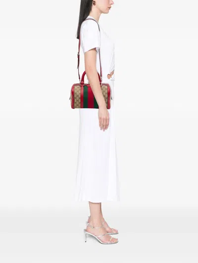 Pre-owned Gucci 2016-2026 Small Gg Canvas Web Joy Boston Bag Satchel In Red