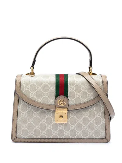 Pre-owned Gucci 2016-2026 Small Gg Canvas Web Ophidia Top Handle Flap Satchel In Neutral