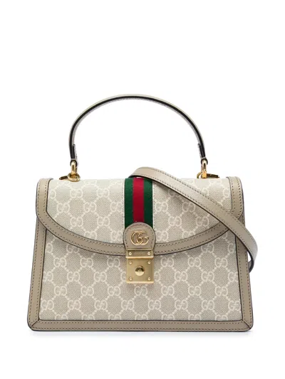 Pre-owned Gucci 2016-2026 Small Gg Canvas Web Ophidia Top Handle Flap Satchel In Neutrals